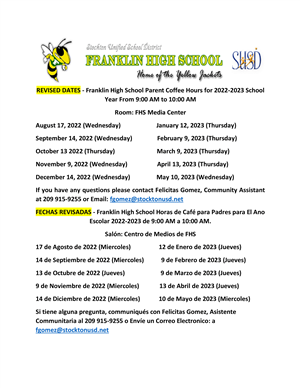Revised Dates Parent Coffee Hour 2022-23